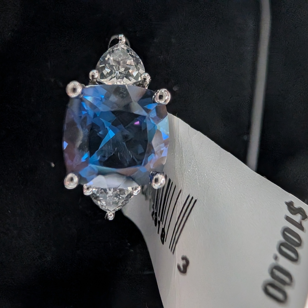 Blue and Silver Ring with Cushion Cut Gemstone and Clear Accent